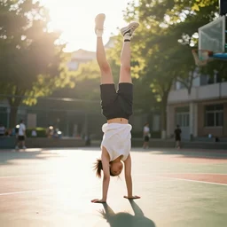a girl doing a handstand on the school basketball court, digital art, lens flare