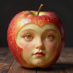 a grotesque apple with a human face