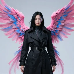 black haired woman in a trench coat in a black cyberpunk 2 0 7 7, pink and blue phoenix wings, intricate, highly detailed, face enhance, realistic