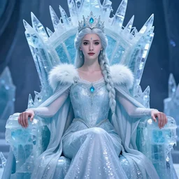 professional  photograph of a beautiful!! ice queen with intricate crown and cloak, sitting on an icy throne.  Extremely detailed. 8k