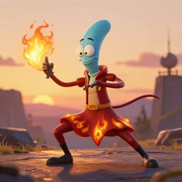 squidward tentacles wearing fire nation clothing and practicing firebending outside at susnset. volumetric lighting
