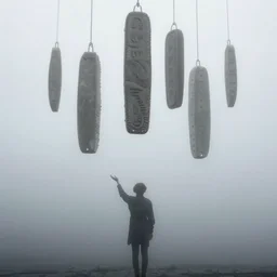 arm reaching out of thick fog, 6 stelae hanging from the sky, zdzislaw beksinski