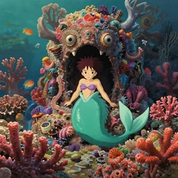 coral reef scene with a strange, mermaid design by studio ghibli, aardman and wes anderson, 3 d hyperrealistic detail