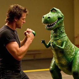 movie still from Fight Club, Barney the dinosaur fist fighting a man. High quality, cinematic, ultra realistic, film grain, color graded