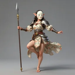 full body portrait, female changeling spearman in floral - patterned light armor, wielding a long halberd, wearing a noh theatre mask, dancer, barefoot in sandals, capricious, energetic, provocative, realistic proportions, reasonable fantasy, in the style of dnd illustrations, tabletop rpg.