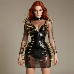 shiny black transparent latex symmetrical dress with huge gold latex spikes, sexy fashion model with long red hair, high - end photoshoot, soft rembrandt lighting