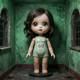 1 9 6 0 s mia farrow as a life size animatronic doll on the tube by margaret keane, 1 9 6 0 s, vaporwave, big glass eyes, real hair, dimly lit, distressed venetian green plaster walls, liminal space, haunting atmosphere, gothic, photorealistic, hyperdetailed 3 d matte painting, hyperrealism, hyperrealistic, cinematic, silent hill, horror style, unrealengine octane render, 8 k