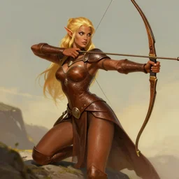 beautiful elf archer in the slumps, brown skin, golden hair, skintight brown leather armor, high fantasy, dnd, smooth, sharp focus, illustration, by rossdraws, alphonse mucha, frank fanzzeta
