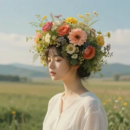 The girl with flowers for a head, surreal landscaping in the background, concept art, 4k, trending on ArtStation