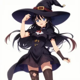 young witch, checked stockings, short dress, huge hat, anime style