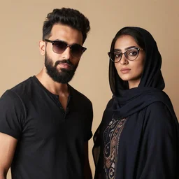 passionate boudoir photoshoot of a young ducktail bearded middle eastern american male with wayfarer glasses and a young hyderabadi muslim woman with cat eye glasses and short black hair