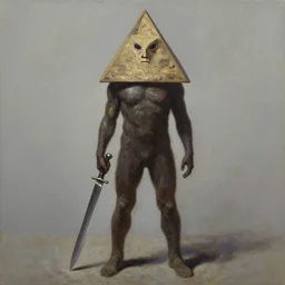oil painting of a photographed portrait of pyramid head from silent hill facing the camera with full body in shot, holding the great knife back and to the side of his body