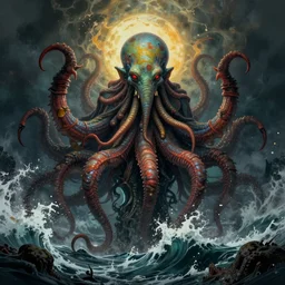concept art of cthulhu god emerging from a tumultuous sea by eddie mendoza, masterpiece, atmospheric, vivid