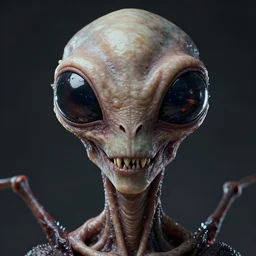 portrait of a space alien, huge insect eyes, horror meat monstrosity sharp teeth, octane render, realistic render, detailed, elegant face, slimy unreal engine, symmetrical face, greg rutkowski and ruan jia, cinematic