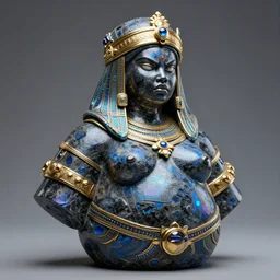 intricate holographic realistic bust sculpture of futuristic digital obese angry sudanese feminine girl empress, stone and glass and gold, blue and black, masterpiece