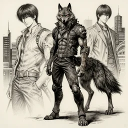 full body detailed portrait werewolf by yusuke murata and masakazu katsura, artstation, highly - detailed, worn pants, cgsociety, pencil and ink, city in the background, dark colors, unreal engine, intricate details