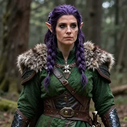anya charlota as a medieval fantasy tolkien elf, dark purplish hair tucked behind ears, wearing a green tunic with a fur lined collar and brown leather armor, wide, muscular build, scar across nose, one black, scaled arm, cinematic, character art, digital art, forest background, realistic. 8 k, 3 d render, detailed.