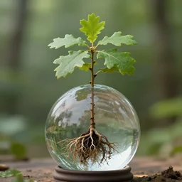 oak sapling growing onto of a glass sphere with roots sticking out of it