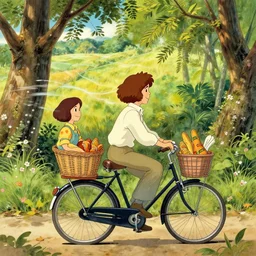 hoffman bicycle trip, blotter art, in the style of robert crumb and lisa frank, studio ghibli, mucha, art nouveau, art deco, beautiful nature, serenity, cartoon, realistic, photograph, trending on artstation, vivid, surreal, beautiful, loving athmosphere, summer of love, smiling faces, tasty, smelling good, good vibrations, gentle breeze blowing