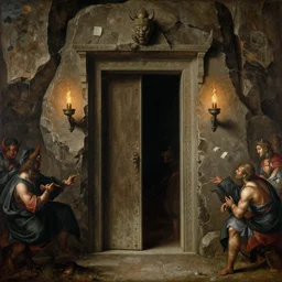 opening of an ancient door leading to demon world, cliff face, sconce torches, medieval renaissance, painting, high detailed, bleak, detailed background, tintoretto, raphael, wlop, wide shot