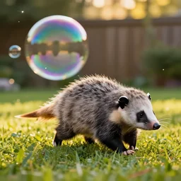 photoshoot of an virginia opossum chasing large iridescent soap bubbles in a backyard, golden hour, national geographic style, 5 0 mm