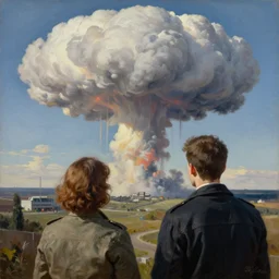 couple watching atomic mushroom cloud, part by norman rockwell, part by greg rutkowski, part by mattias adolfsson, oil on canvas