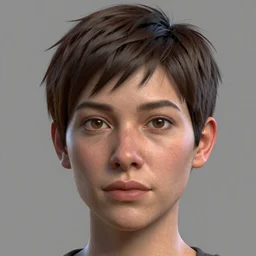 hyper detailed substance painted 3 d headshot turnaround character portrait of a woman with a pixie cut and a realistically proportioned face, photorealistic eyes, good value control, smooth, realistic shading, realistic face details, painted texture maps, good colors, illustration, substance painter, ultra realistic, very highly detailed