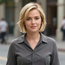 film still of brittany murphy standing in street, short blonde hair, beautiful face, wearing shirt, realistic proportions, ink, black and white, illustration, cinematic compo, sition, lineart, clean lines, sean phillips