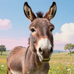 a grinning mule, hyper realistic, silly, goofy, vibrant, brings joy to your heart, highly detailed digital art,  1970s