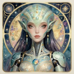detailed realistic beautiful young cher alien robot as queen of andromeda galaxy portrait, art nouveau, symbolist, visionary, baroque, giant fractal details. horizontal symmetry by raymond swanland and alphonse mucha. highly detailed, hyper - real, beautiful