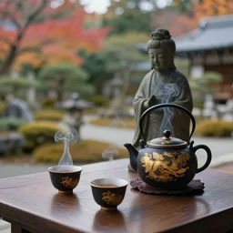 japanese garden, temple, statue, traditional japanese tea pot, two smoky cup of tea on a wood table, smoky autumn lightings, japanese garden background, micro details, ( ( ( intricate ) gold details ) ), photorealism, crisp, smoky, hasselblad camera, by annie leibovitz