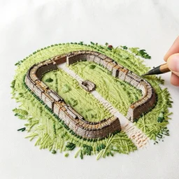 a simple handmade embroidery of the ruins at housesteads roman fort, aerial view. hand stitching