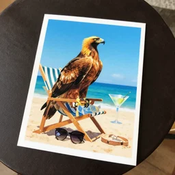 postcard showing 'a cool golden eagle sitting on a beach chair with sunglasses and a martini' laying on coffee table, zoomed out, HD, iphone capture