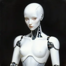 the cyberpunk android has a standard white appearance with a little wild and mysterious beauty ， artwork by adolph menzel