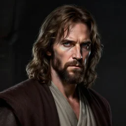 a portrait of obi - wan kenobi as a jesus, cyberpunk, grim - lighting, high - contrast, intricate, elegant, highly detailed, digital painting, artstation, concept art, smooth, sharp focus, illustration