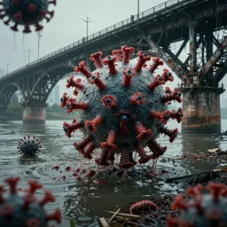 a photo of wuhan covered in giant virus and disgusting maggots, slimy river, decrepit bridge, cinematic, 8 k, disturbing, horror, highly detailed