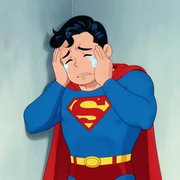 superman having a panic attack, crying in a corner, 1 9 3 0 s cartoon style