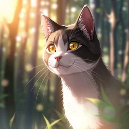 portrait of a cat in a forest, by kawacy, trending on artstation, sunlight, trending on pixiv, bokeh, furry art, anime