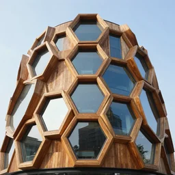 futuristic timber building facade with wi dows hexagonal