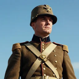 portrait of a british army officer, first world war, blue sky, 2 0 th century, sunny, detailed, volumetric, cinematic lighting, realistic, digital art by greg rutkowski