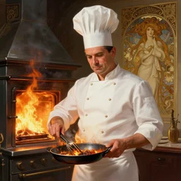 portrait of a proud chef cook, showing burned cooking, in front of exploding oven on fire, intricate, elegant, highly detailed, digital painting, artstation, concept art, smooth, sharp focus, illustration, art by artgerm and greg rutkowski and alphonse mucha, 8 k