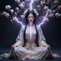 a goddess of magnolia a queen of the garden, meditating! with a beautiful symmetrical face!!! cinematic lightning, isolated, studio lighting by dave mckean