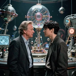 film still of bryan cranston and jungkook talking passionately before a science fiction tableau in cosmic horror! the musical by david cronenberg, horror sci fi, 3 5 mm film, atmospheric, ultra fine detail, film grain, photorealistic, hyperrealistic dramatic lighting