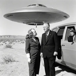 president eisenhower aboarding a ufo in the desert, black and white photo