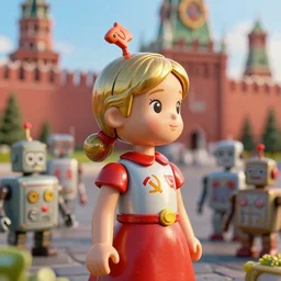 closeup profile portrait of tin toy girl soviet robots in the kremlin, nicoletta ceccoli, mark ryden, lostfish, max fleischer, depth of field, detailed and intricate environment, golden hour, 8 k resolution, hyperrealistic, octane render, vivid colors, bright, cheerful, detailed and intricate scifi environment