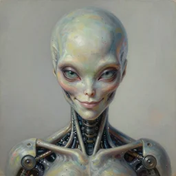 alien neurophysiological robot goddess, intense stare, smirking, symmetrical, concept art, realistic intricate detail, volumetric shadows and lighting, realistic oil painting, 1 9 8 0 poster, sharp detail, octane