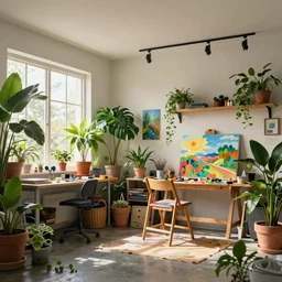 a stylish artist studio interior, messy, many plants, painting by Craig Mullins, octane rendering, soft morning lighting, ultra wide angle lens, low view, in the style of Hayao Miyazaki, trending on artstation,