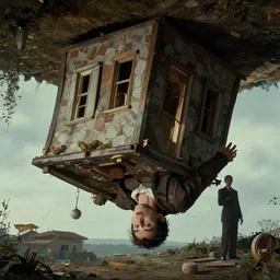 the creature made of house in the upside down house, film still from the movie directed by denis villeneuve and david cronenberg, with art direction by salvador dali, wide lens