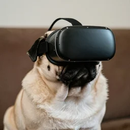 film still medium shot a pug wearing a vr headset, leica sl 2 5 0 mm, vivid color, high quality, high textured, real life