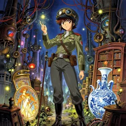 anime female pilot, steampunk city, so many wires, magic library, carving on southern ice porcelain , overdetailed art, by greg rutkowski, by Alfons Mucha, complementing colors, magic, colorful lights, fireflies, detailed illustration